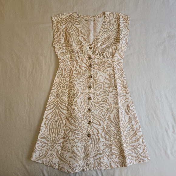 LOFT White Tan Paisley Button Down Linen Blend Mini Dress Spring Vacation MI3 - Picture 2 of 11